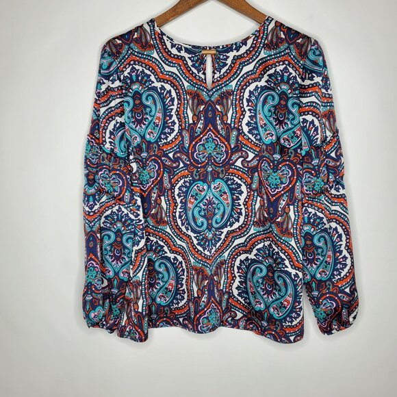 Talbots Womens Colorful Paisley Blouse Size L Petite Keyhole Long Sleeve Career - Picture 1 of 8